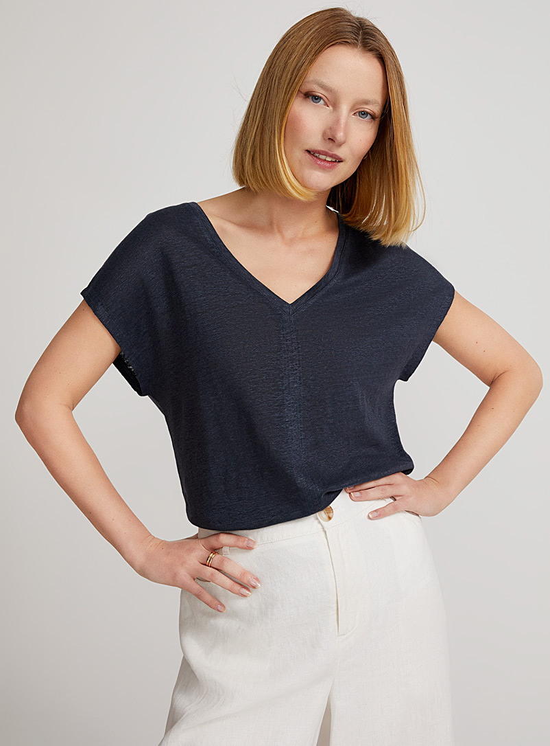 Contemporaine Dark Blue Pure linen cap-sleeve T-shirt for women