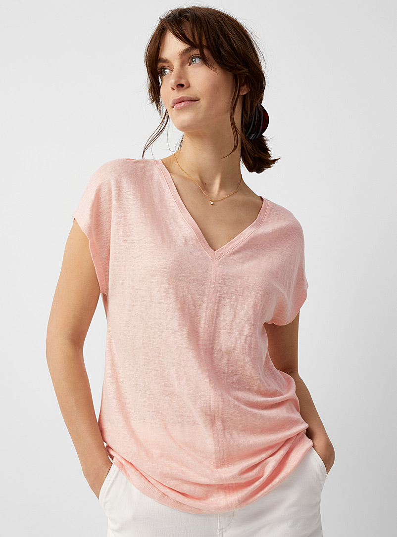 Contemporaine Dusky Pink Pure linen cap-sleeve T-shirt for women