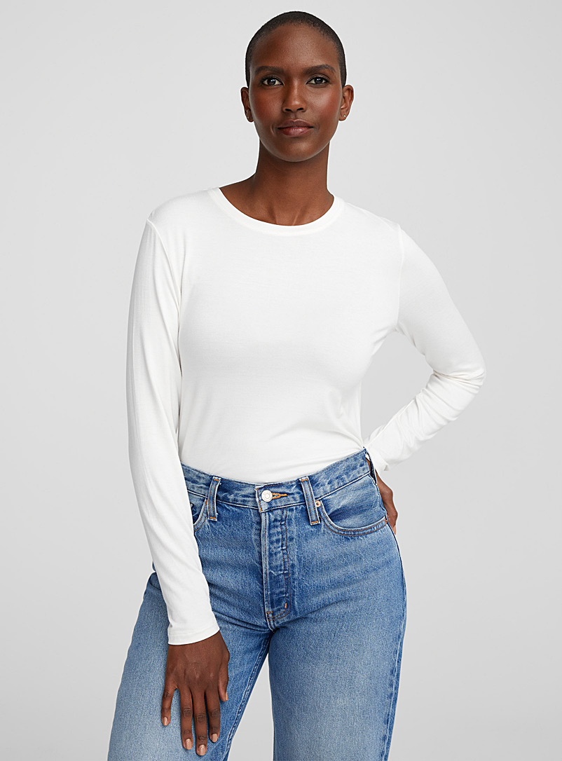 Contemporaine: Le t-shirt manches longues doux jersey Ivoire blanc os pour femme