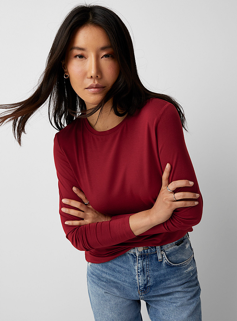 Contemporaine: Le t-shirt manches longues doux jersey Rouge moyen-framboi-ceris pour femme