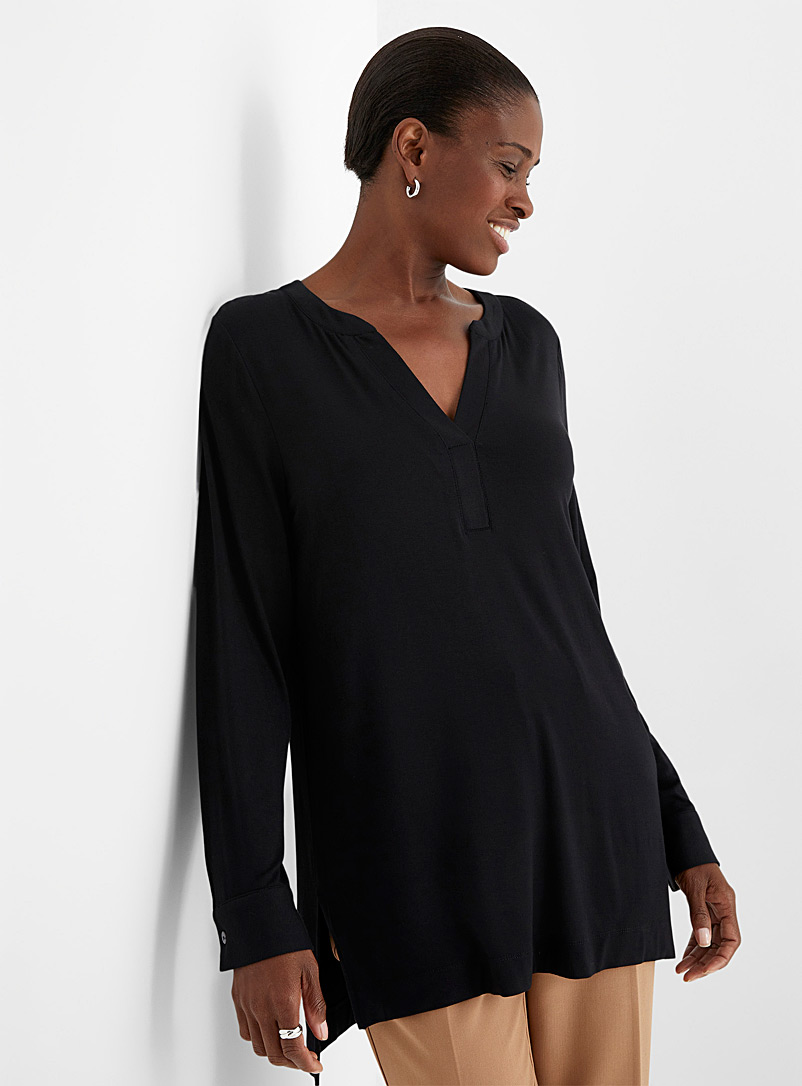 Contemporaine Black Soft jersey slit-collar tunic for women