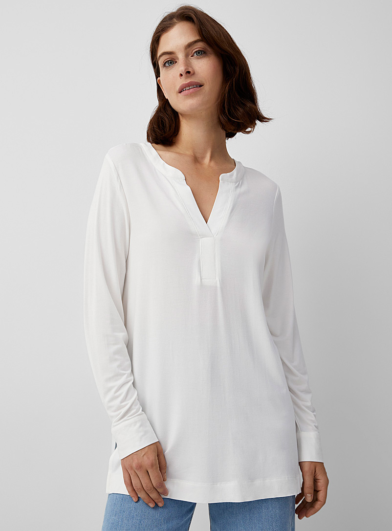 Contemporaine Ivory White Soft jersey slit-collar tunic for women