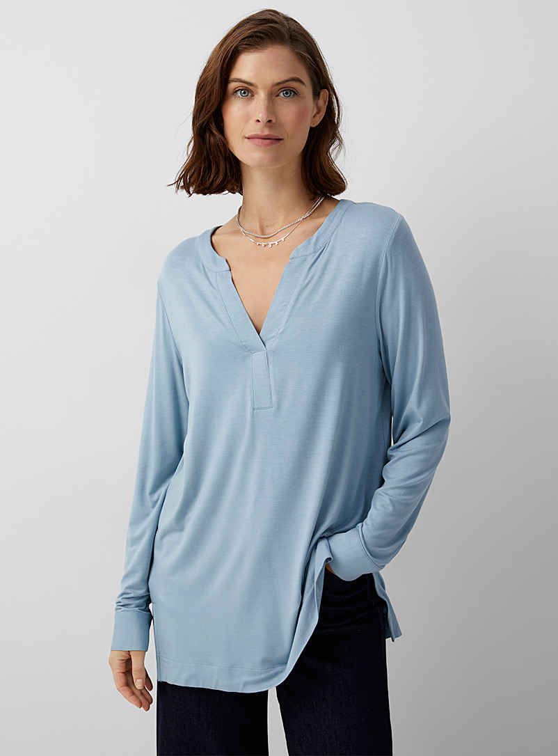 Contemporaine Baby Blue Soft jersey slit-collar tunic for women