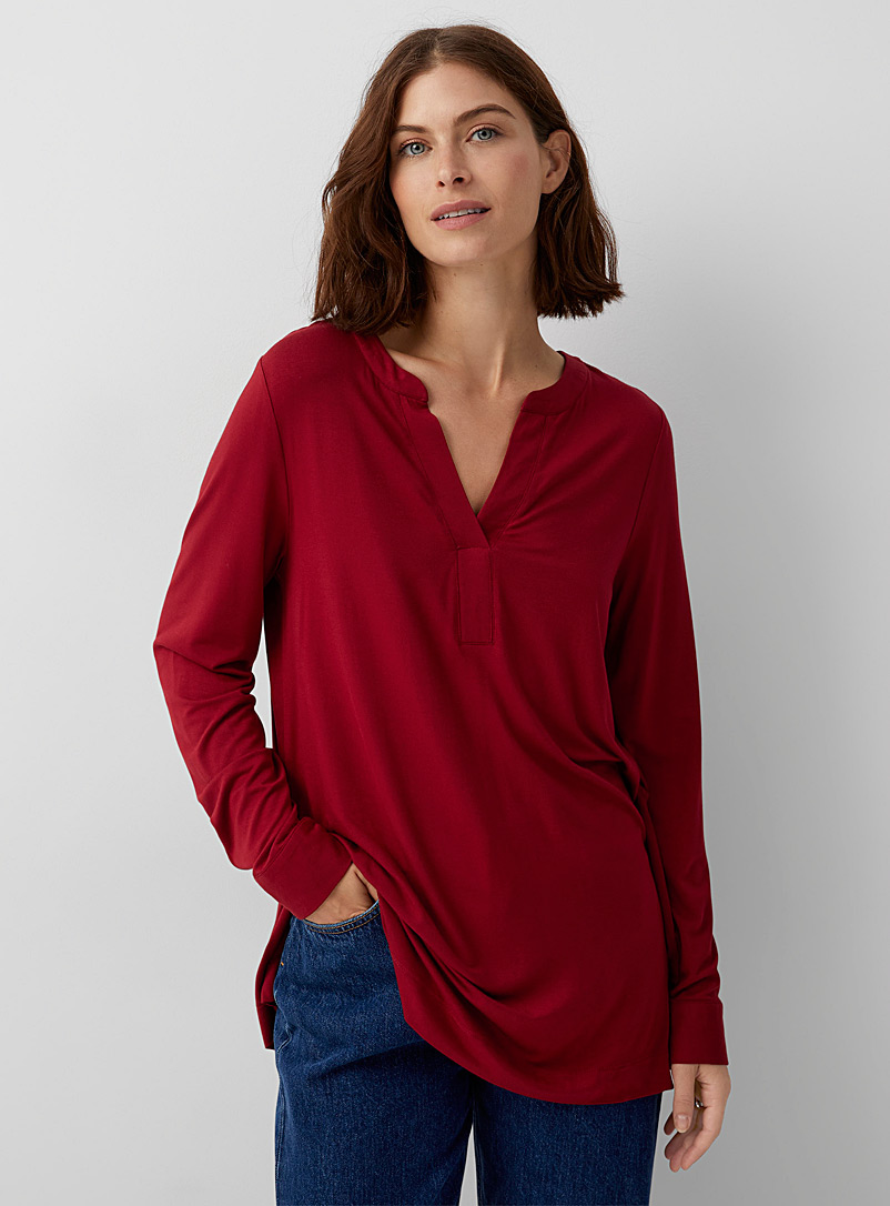 Contemporaine: La tunique col fente doux jersey Rouge foncé-vin-rubis pour femme