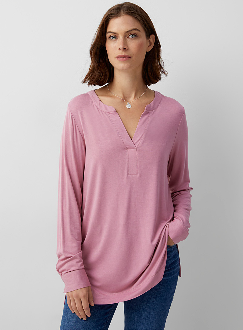 Contemporaine Medium Pink Soft jersey slit-collar tunic for women