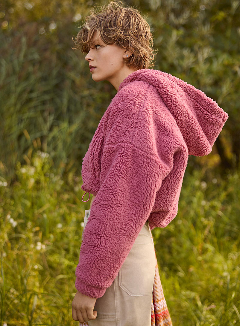 Twik Pink Zipped plush cropped sweatshirt for women