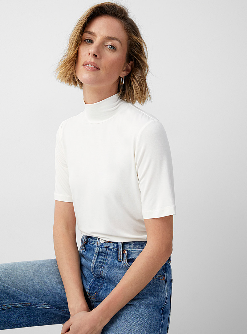 Contemporaine Ivory White Soft jersey mock-neck tee for women