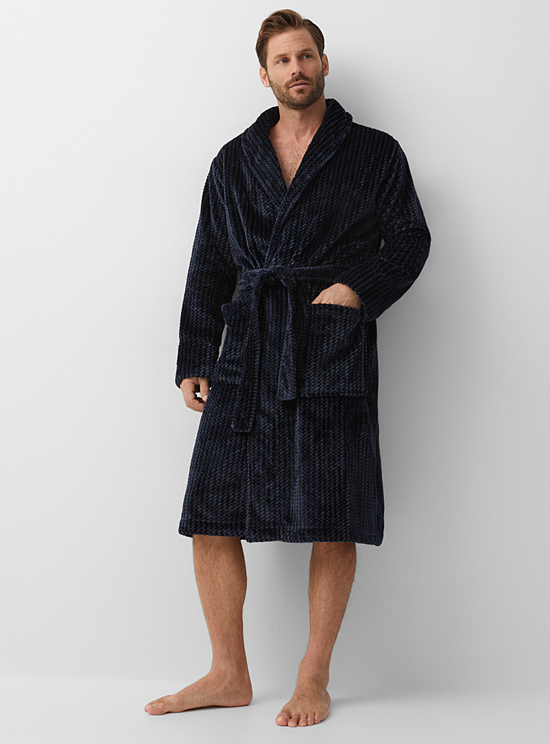 Le 31 Patterned Blue Zigzag fleece shawl-collar robe for men