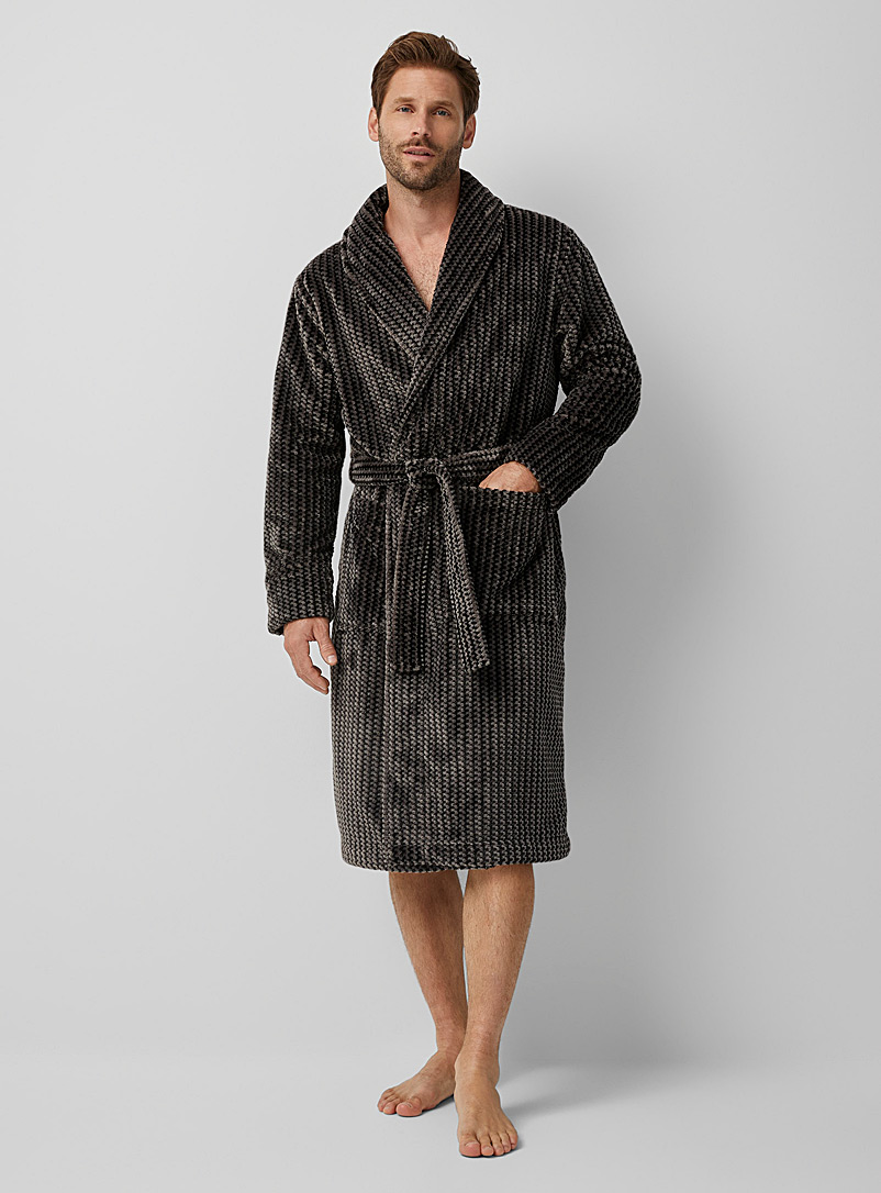 Le 31 Patterned Grey Zigzag fleece shawl-collar robe for men
