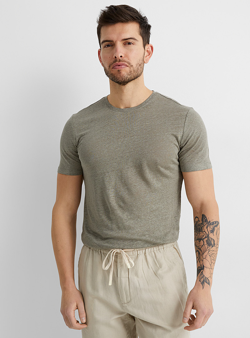 Le 31 Mossy Green Solid pure linen jersey T-shirt for men