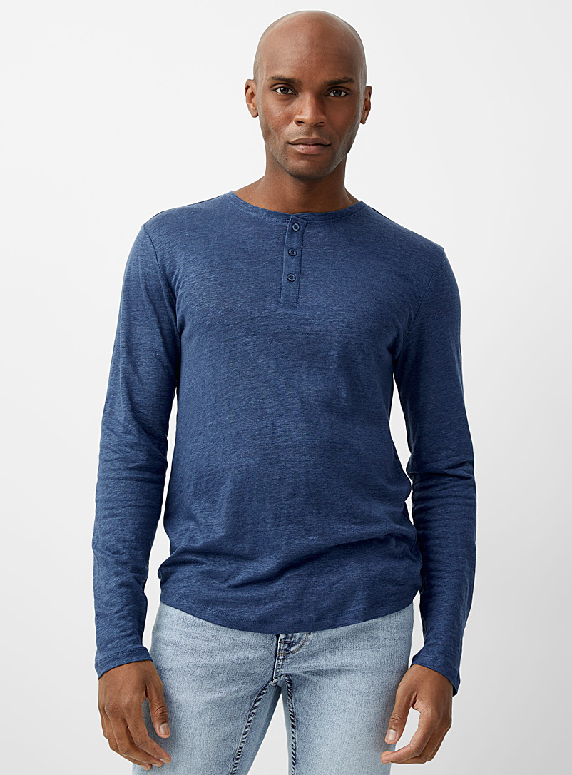 Le 31: Le t-shirt jersey pur lin col boutons Bleu foncé pour homme