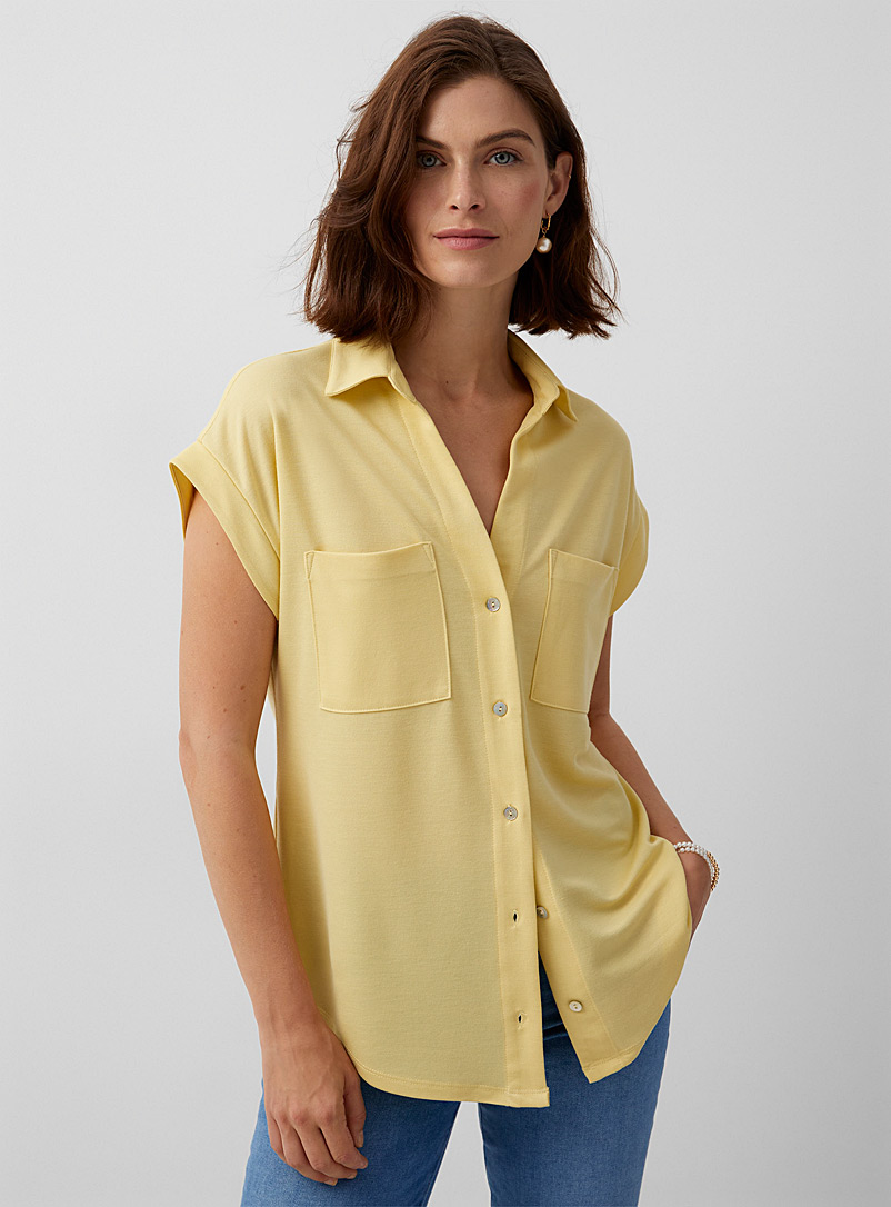 Contemporaine Bright Yellow Johnny collar piqué shirt for women