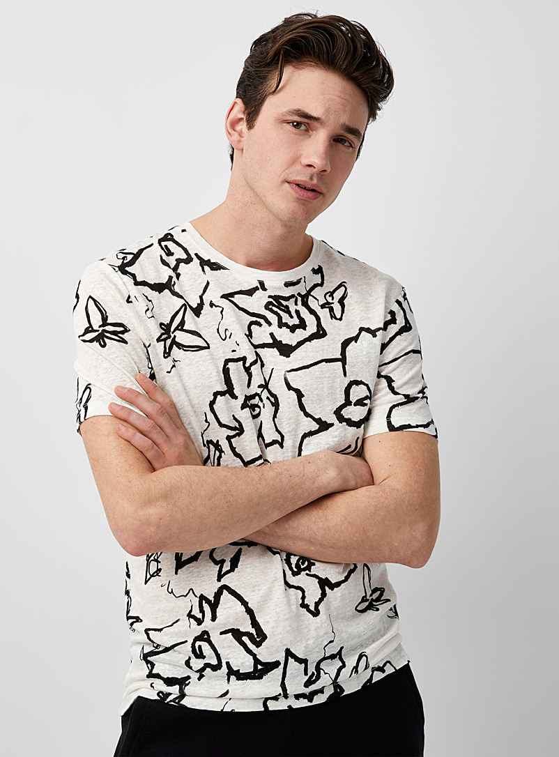 Le 31 Ivory White Abstract pattern pure linen jersey T-shirt for men