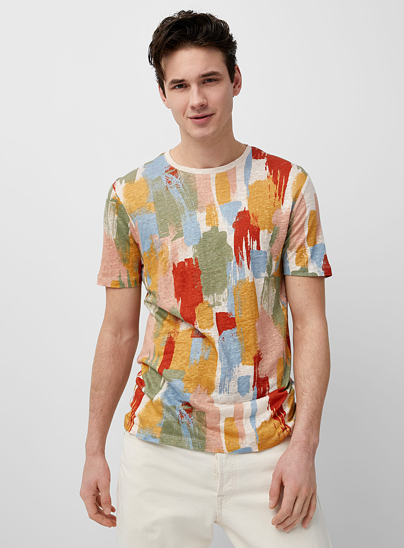 Le 31 Cream Beige Abstract pattern pure linen jersey T-shirt for men