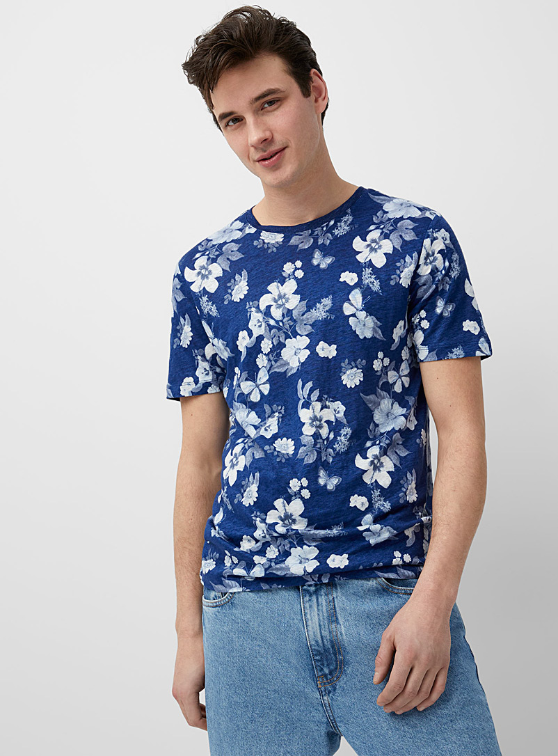 Le 31 Blue Abstract pattern pure linen jersey T-shirt for men