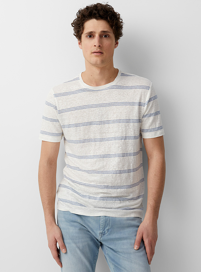 Le 31 Cream Beige Striped pure linen T-shirt for men