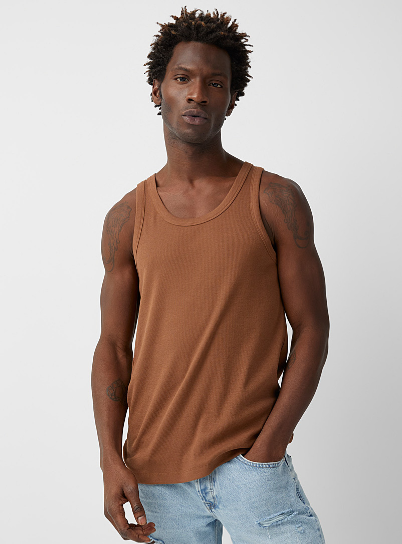 Le 31 Brown Minimalist ribbed tank for men