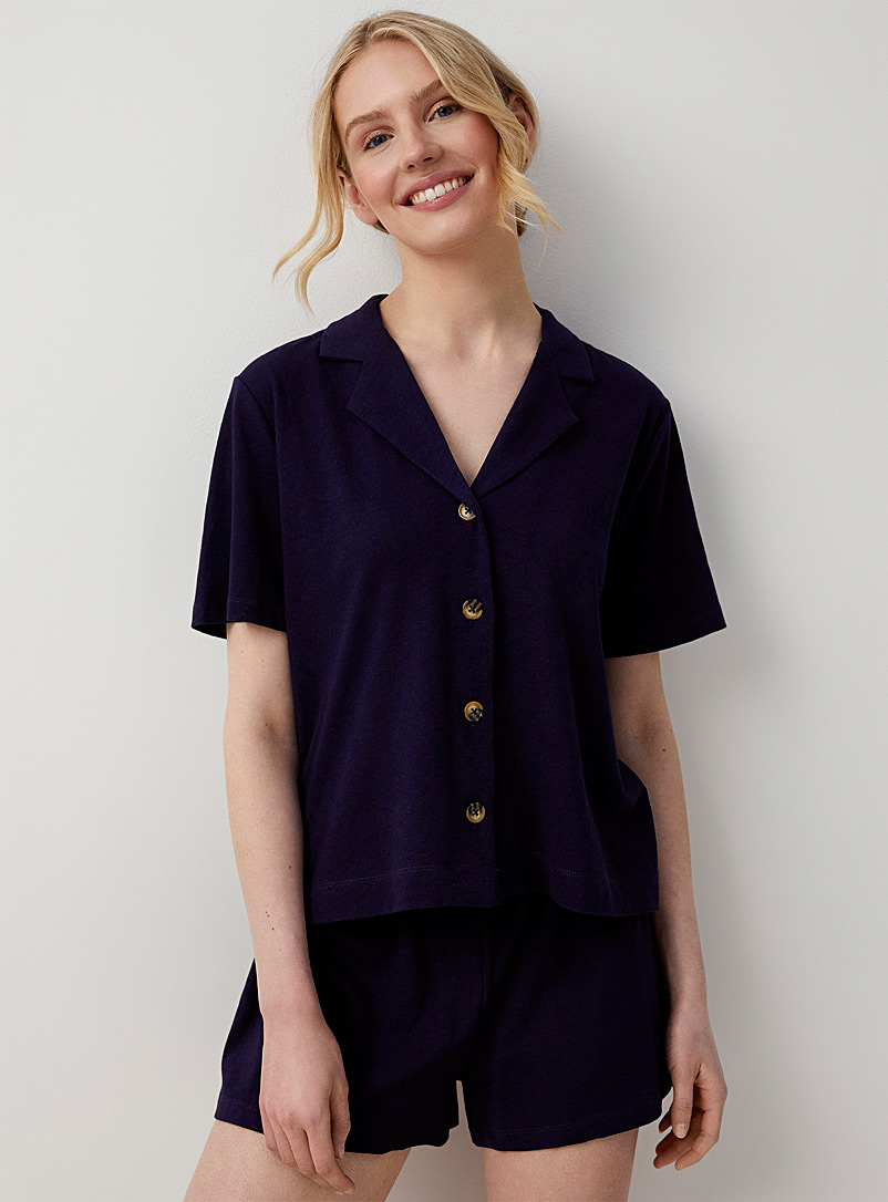 Miiyu: L'ensemble pyjama court en lin Bleu foncé pour femme