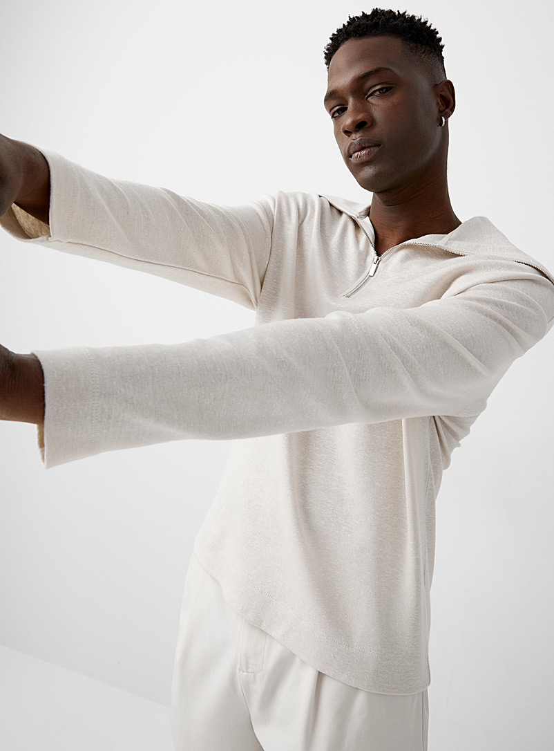 Le 31: Le t-shirt lin et coton col amplifié Beige crème pour homme