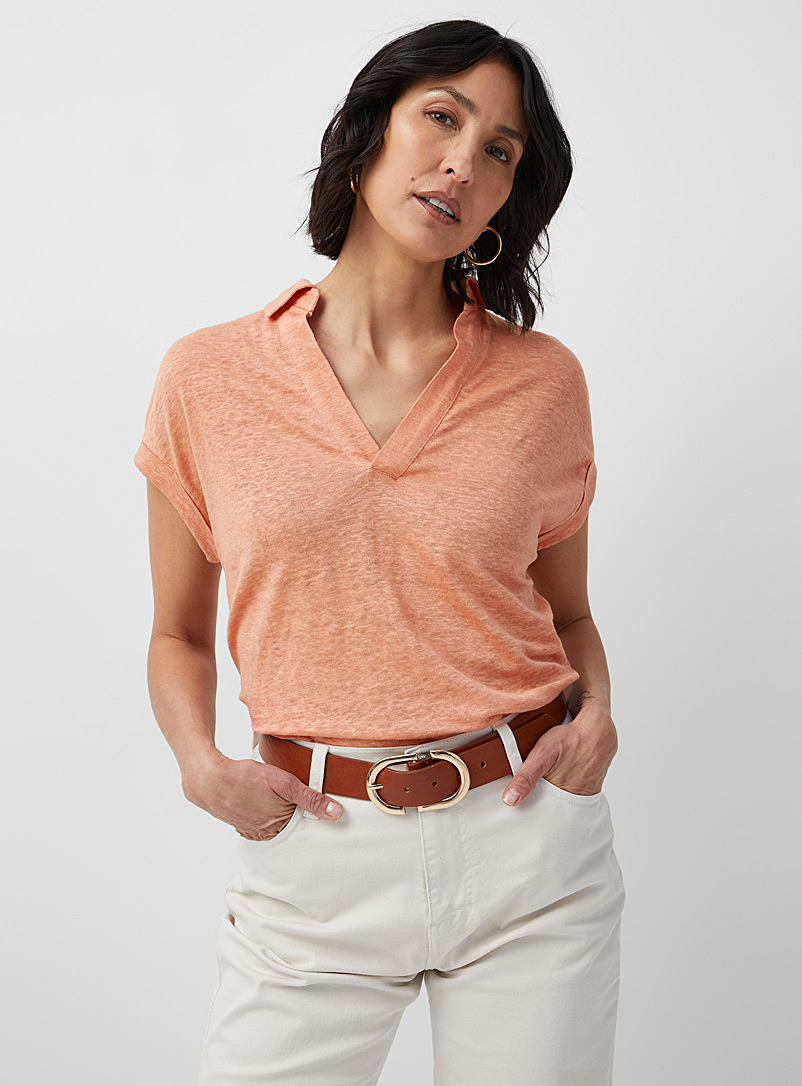 Contemporaine Orange Pure linen Johnny collar T-shirt for women