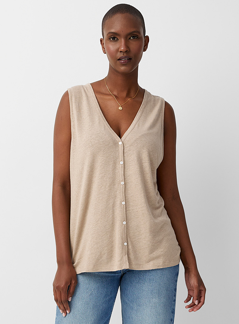 Contemporaine Light Brown Pearly buttons loose tank for women