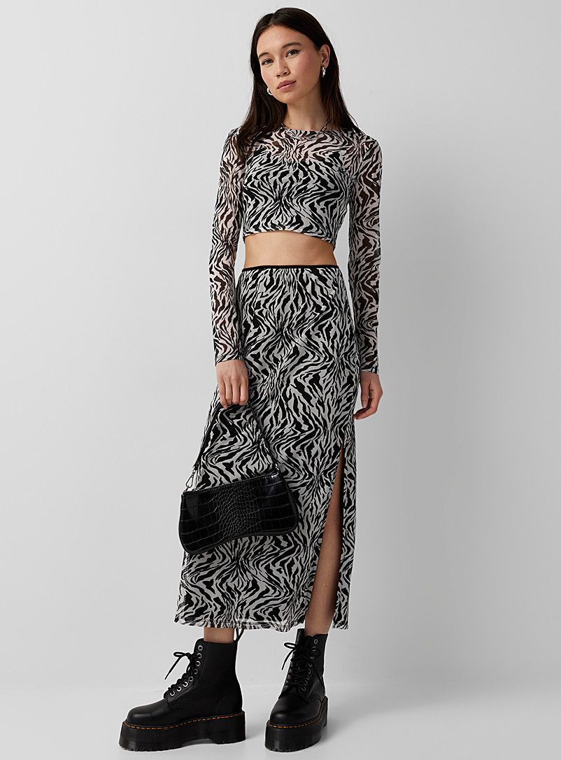 Twik Black and White Printed mesh slit skirt for women