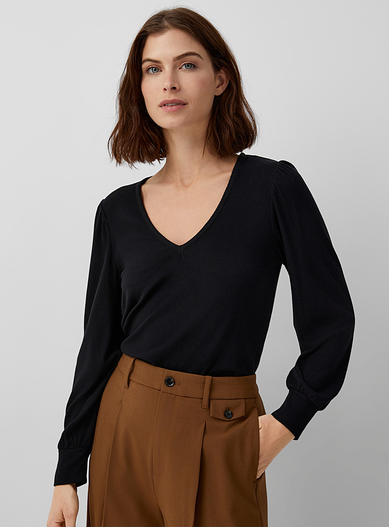 Contemporaine Black Puff-sleeve ribbed tee for women