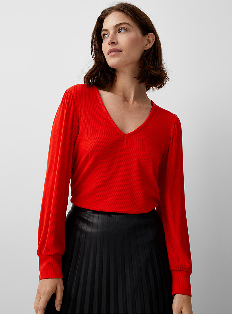 Contemporaine Bright Red Puff-sleeve ribbed tee for women