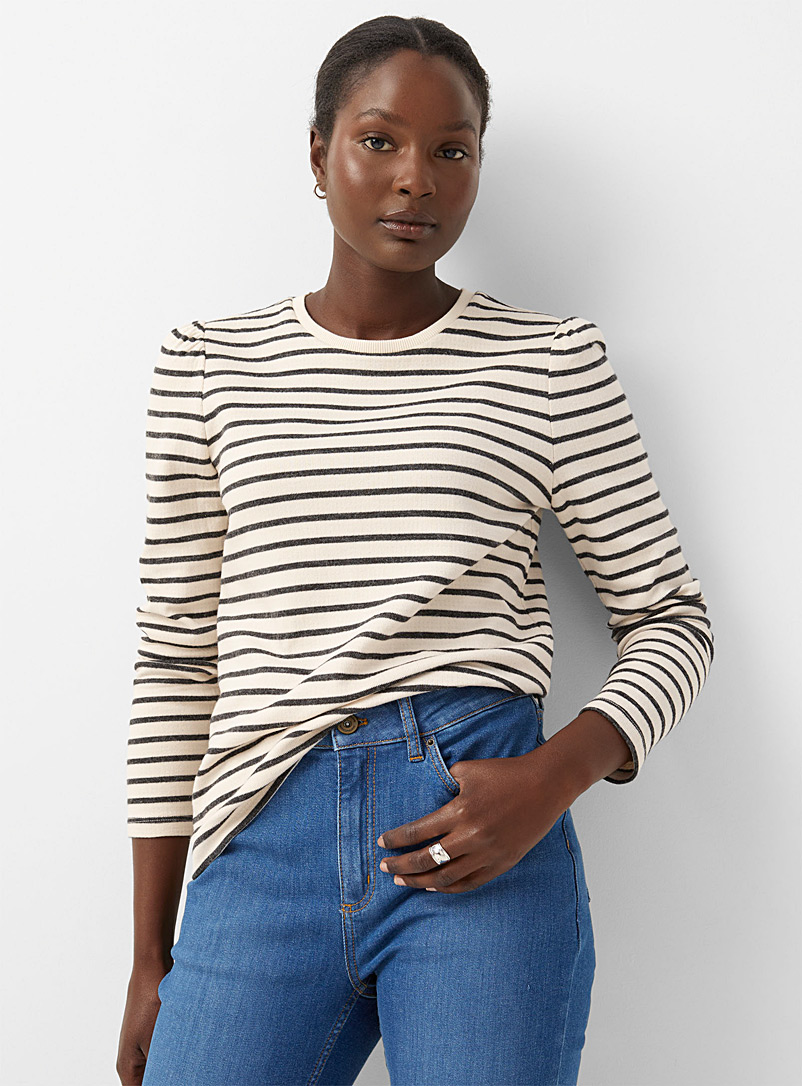 Contemporaine Patterned Black Horizontal stripe brushed T-shirt for women