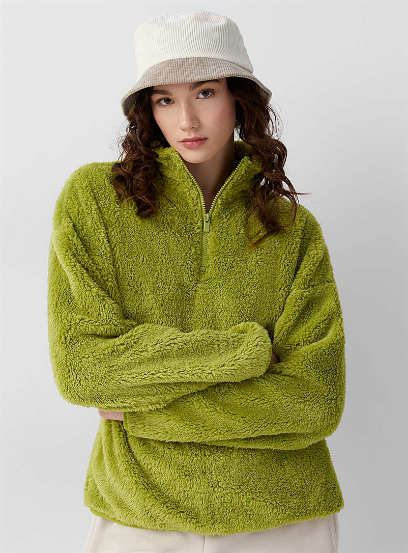 Twik Lime Green Plush zip sweatshirt for women