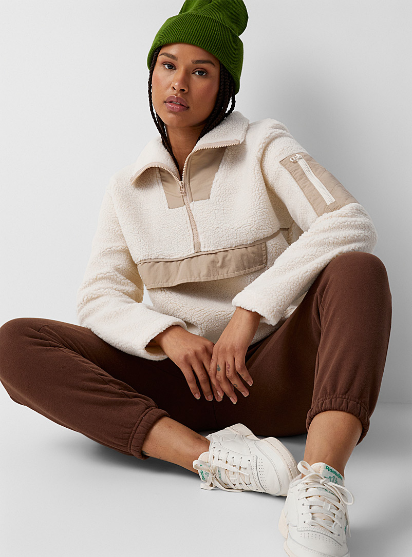 Twik Sand Nylon details sherpa sweatshirt for women