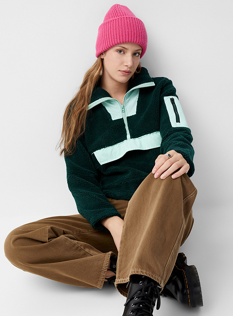 Twik Patterned Green Nylon details sherpa sweatshirt for women