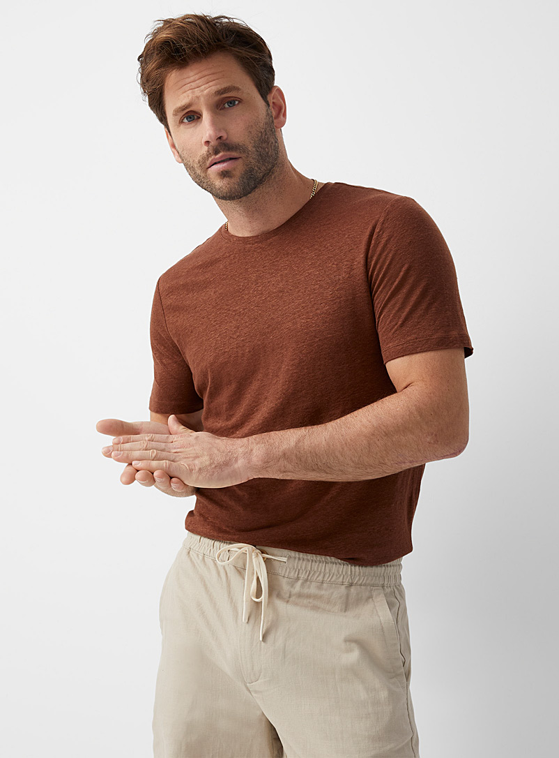 Le 31 Brown Solid pure linen jersey T-shirt for men