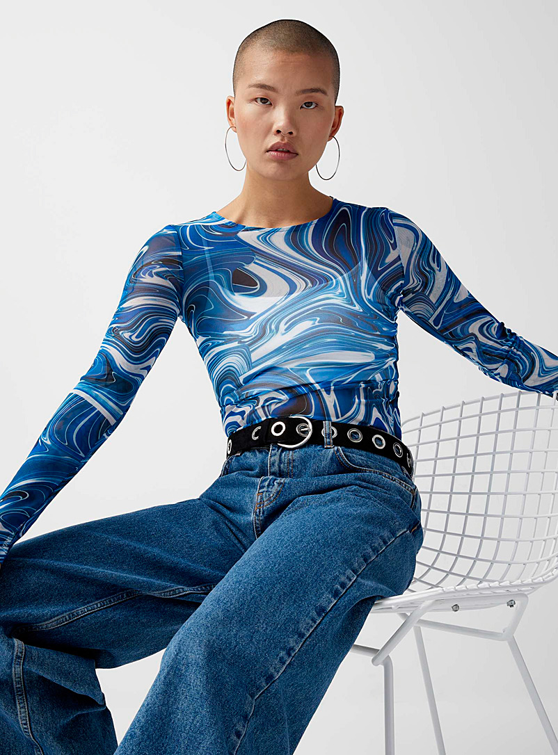 Twik Patterned Blue Printed mesh bodysuit for women