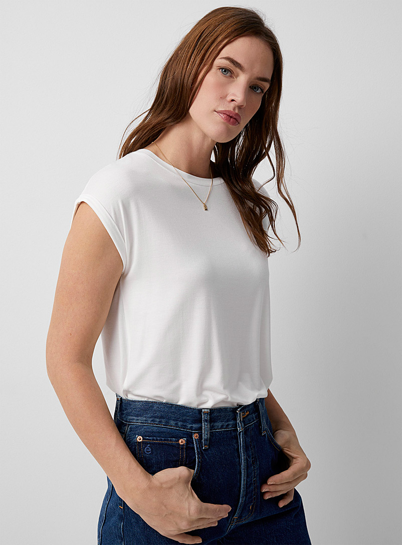 Contemporaine Ivory White Cuffed cap sleeves soft T-shirt for women