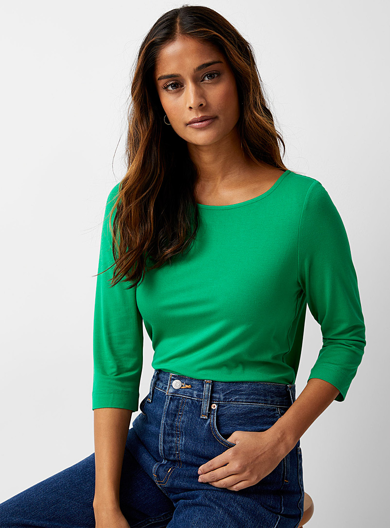 Contemporaine Bottle Green 3/4-sleeve soft T-shirt for women