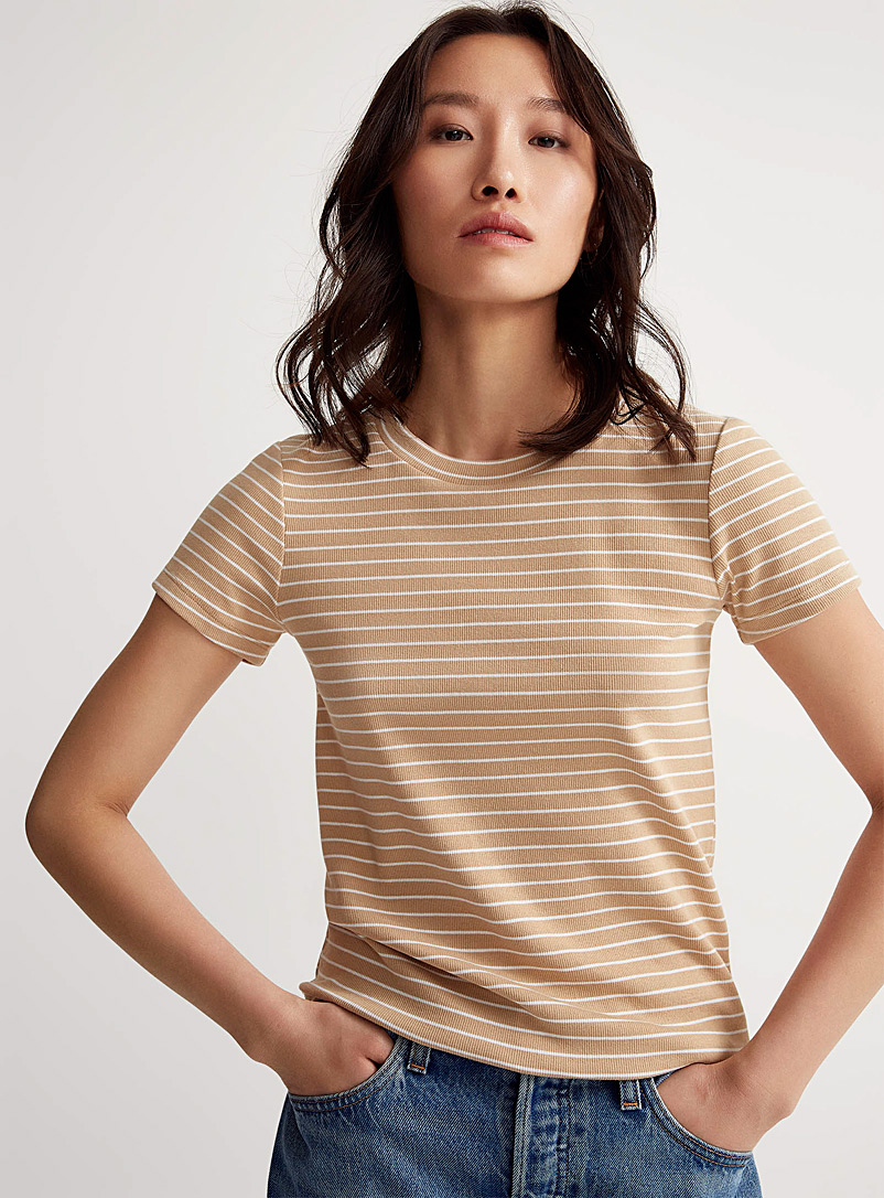 Contemporaine Patterned Ecru Horizontal striped ribbed T-shirt for women