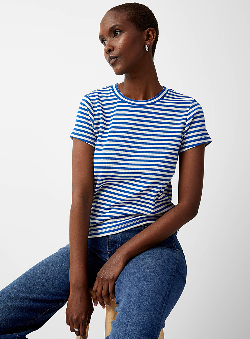 Contemporaine Sapphire Blue Horizontal striped ribbed T-shirt for women