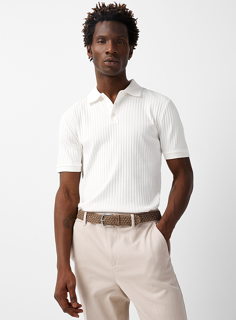 Le 31 Ivory White Ribbed polo for men