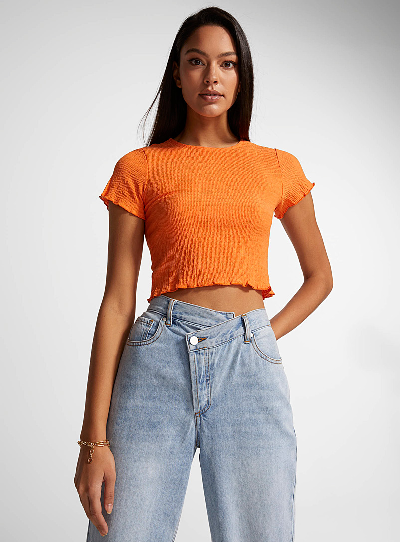Icône Orange Ruffled trim waffle T-shirt for women