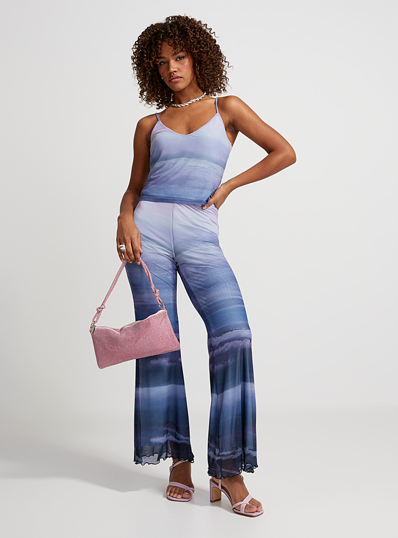 Icône Patterned Blue Wavy-trim flared mesh pant for women