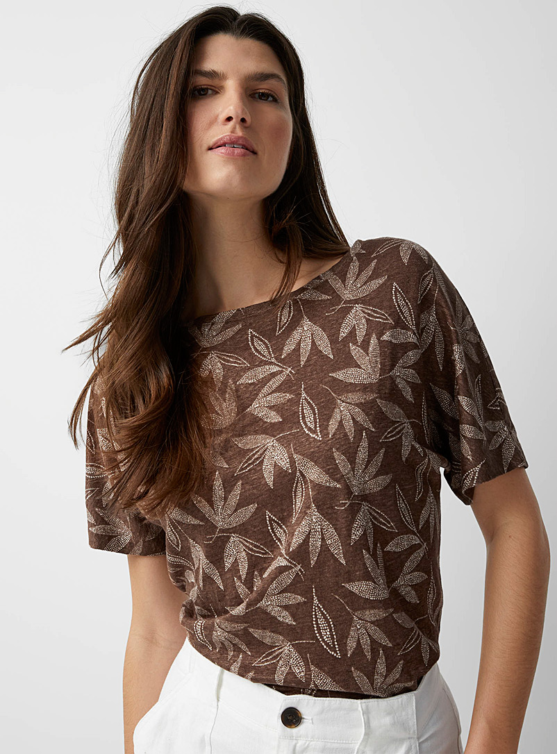 Contemporaine Patterned Brown Printed linen boatneck tee for women