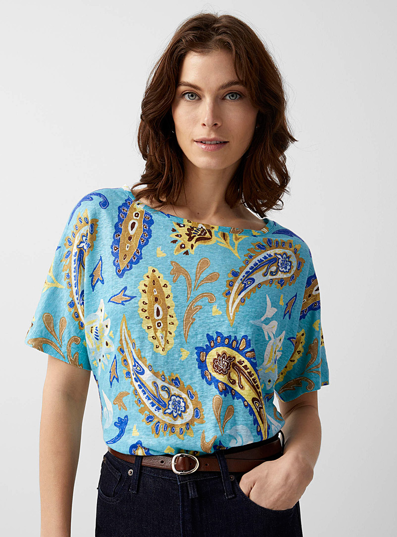 Contemporaine Teal Printed linen boatneck tee for women
