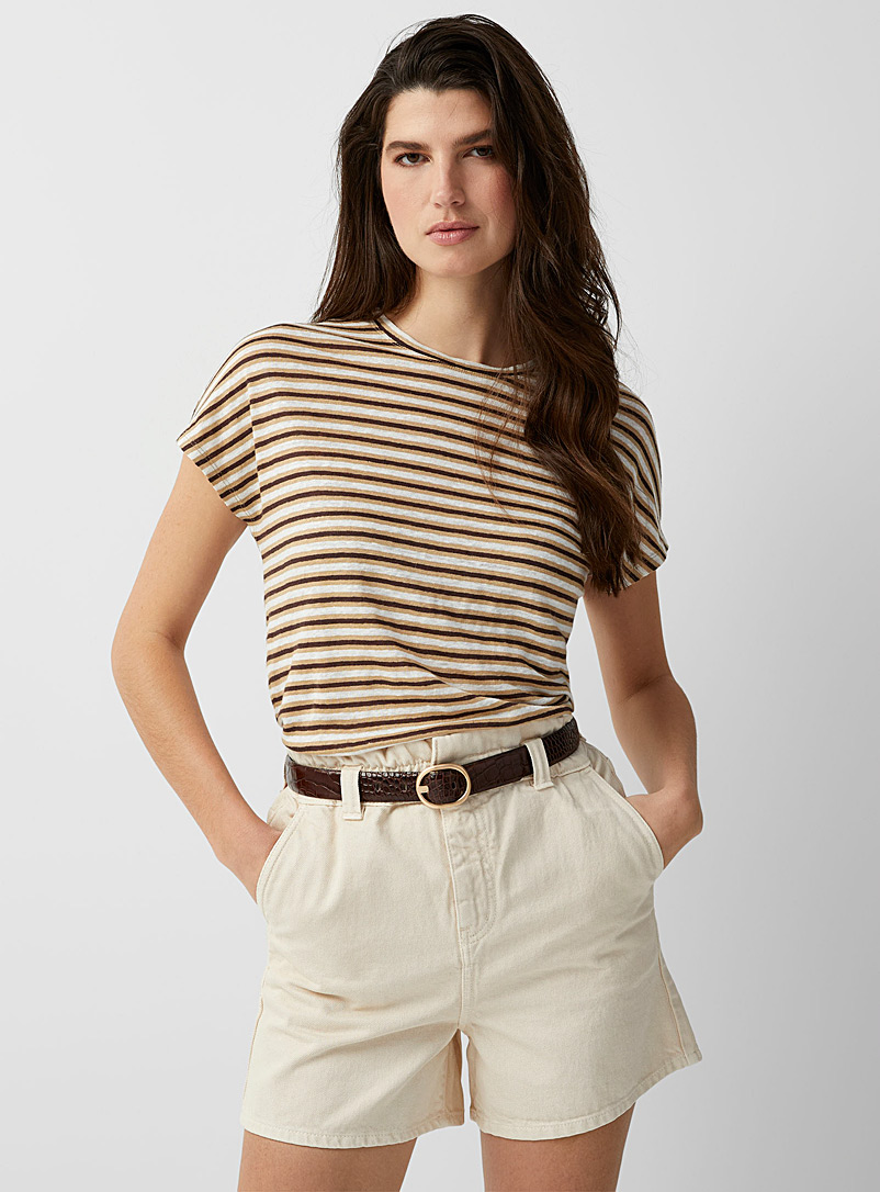 Contemporaine Patterned Ecru Striped loose linen T-shirt for women