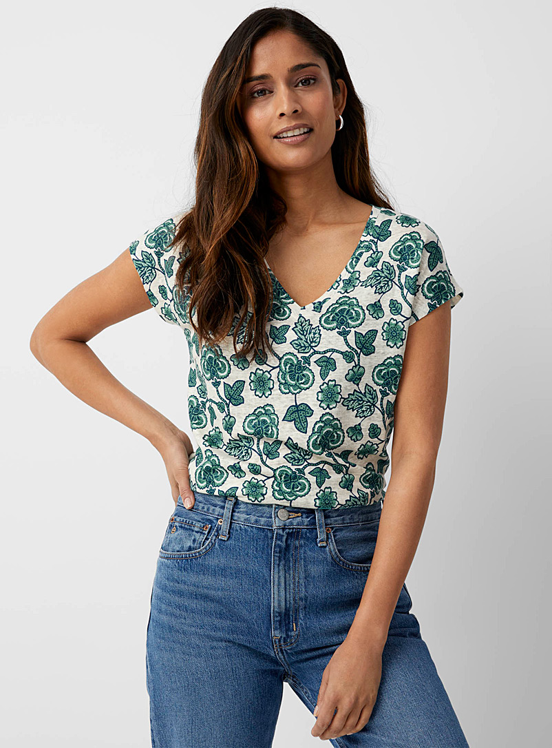 Contemporaine Patterned Green Printed linen cap-sleeve tee for women
