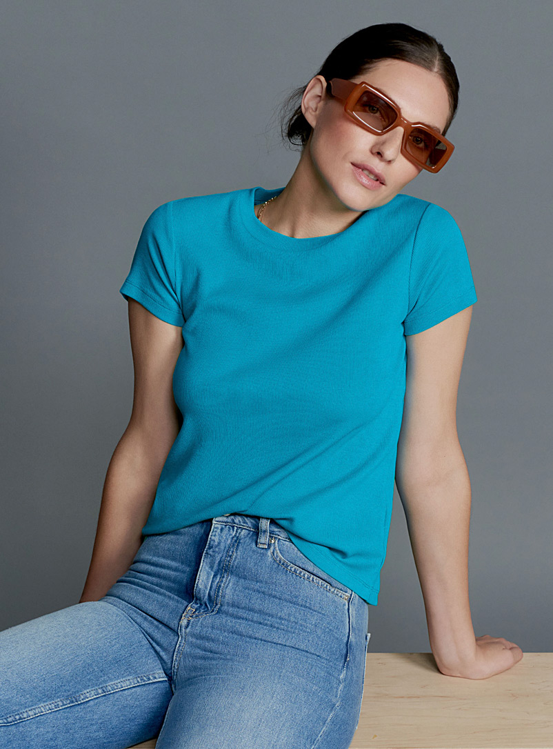 Contemporaine Teal Baby-rib crew-neck T-shirt for women
