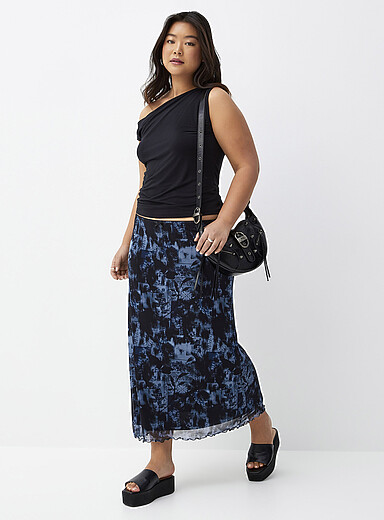 Solid Color Elastic Waist Irregular Ruffled Hemline Mesh Skirts
