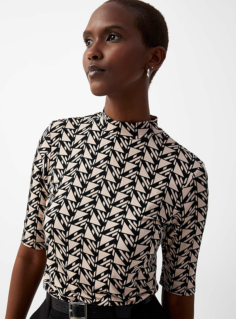 Contemporaine Patterned Ecru Graphic mosaic mock-neck T-shirt for women