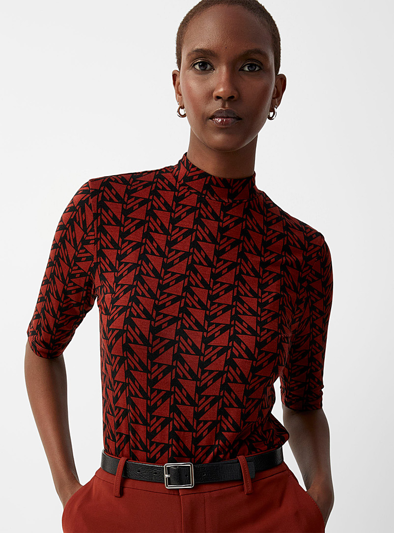 Contemporaine Patterned Red Graphic mosaic mock-neck T-shirt for women