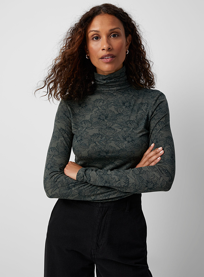 Contemporaine Patterned Green Printed soft jersey turtleneck for women